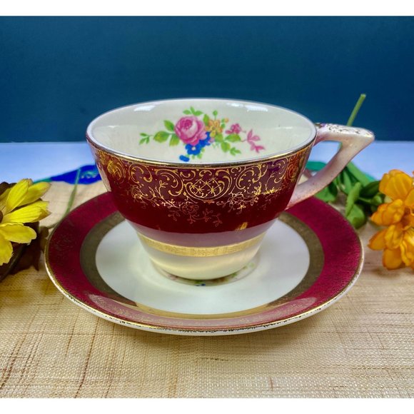 Aristocrat by Salem century maroon set 4 pieces, tea cup set, 23K gold encrusted - Picture 4 of 16